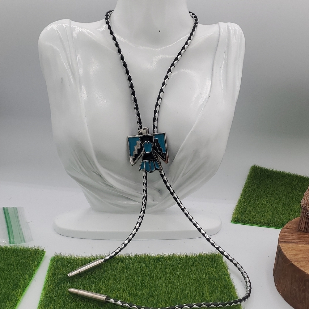Silver and Black Thunderbird Bolo Tie Necklace Lariat 44 Inches N3830
